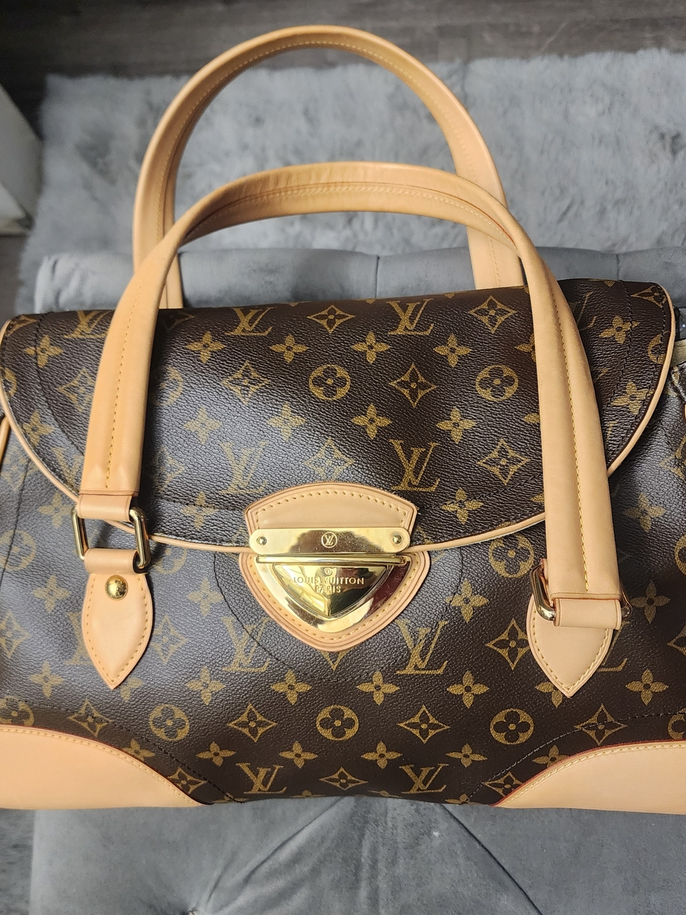 LOUIS VUITTON NEW  Brown Monogram Canvas Satchel with Tan Trim